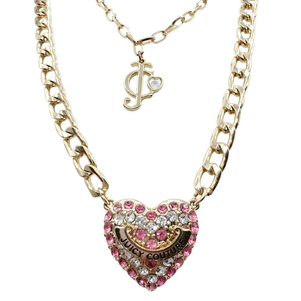 Juicy Couture Double layer Chain with Pink Rhinestones Heart Necklace